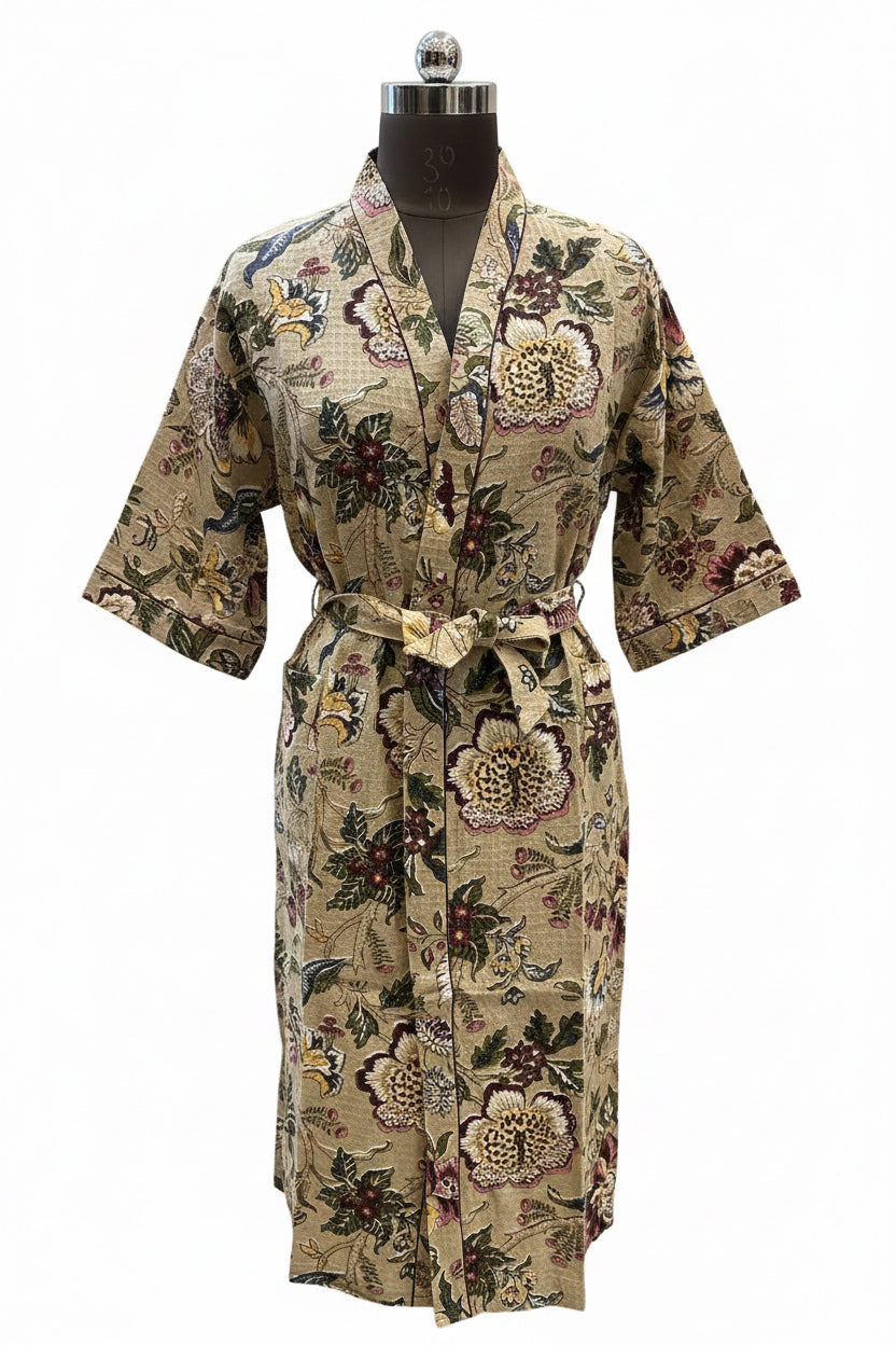Hand Block Printed Waffle Cotton Bathrobe | Lightweight Kimono Robe with Belt