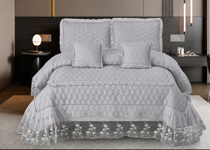 Embroidered Luxury Quilted Bedcover Set with Lace Frill | 5-Piece King Size