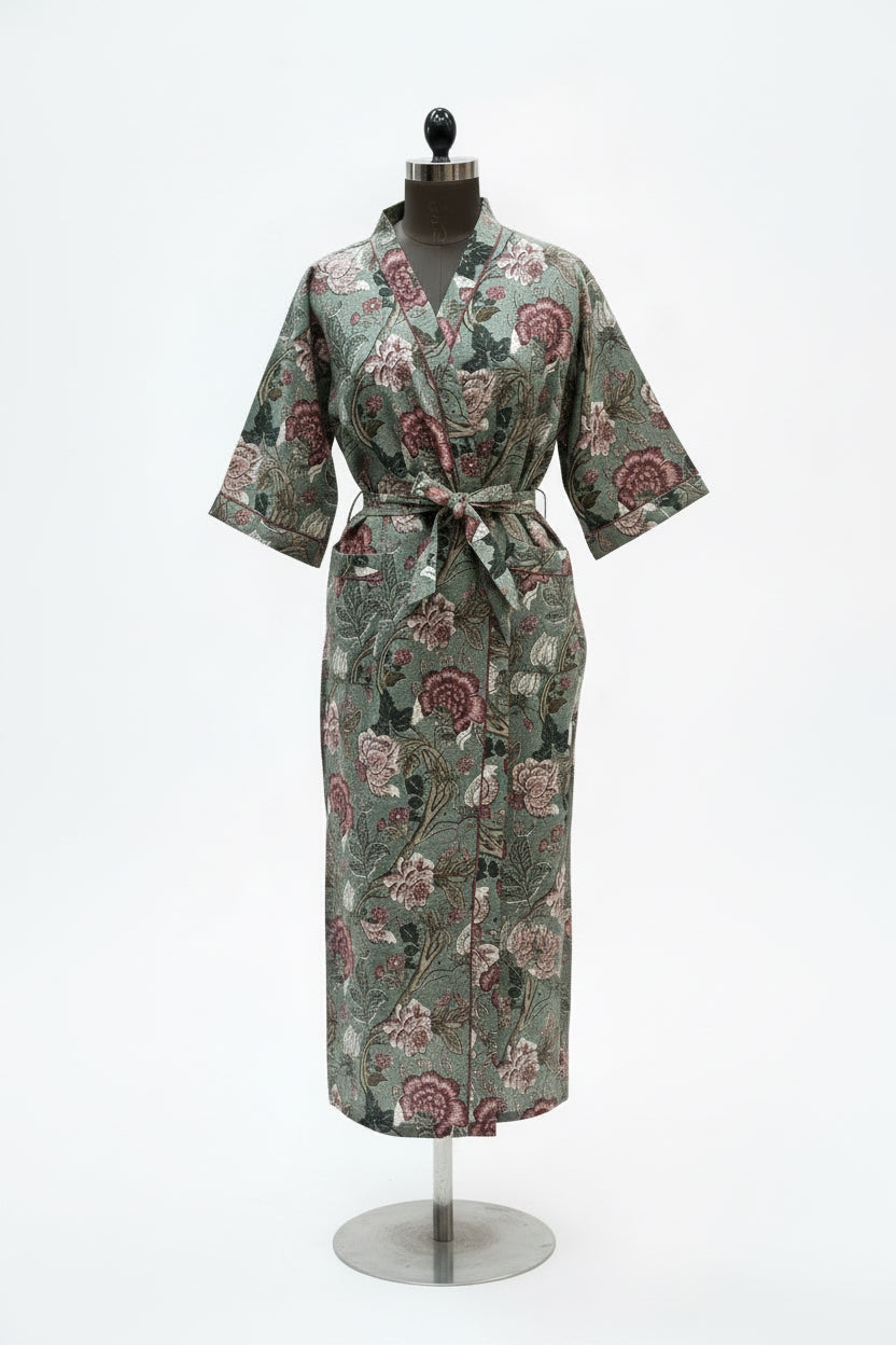 Hand Block Printed Waffle Cotton Bathrobe | Lightweight Kimono Robe with Belt