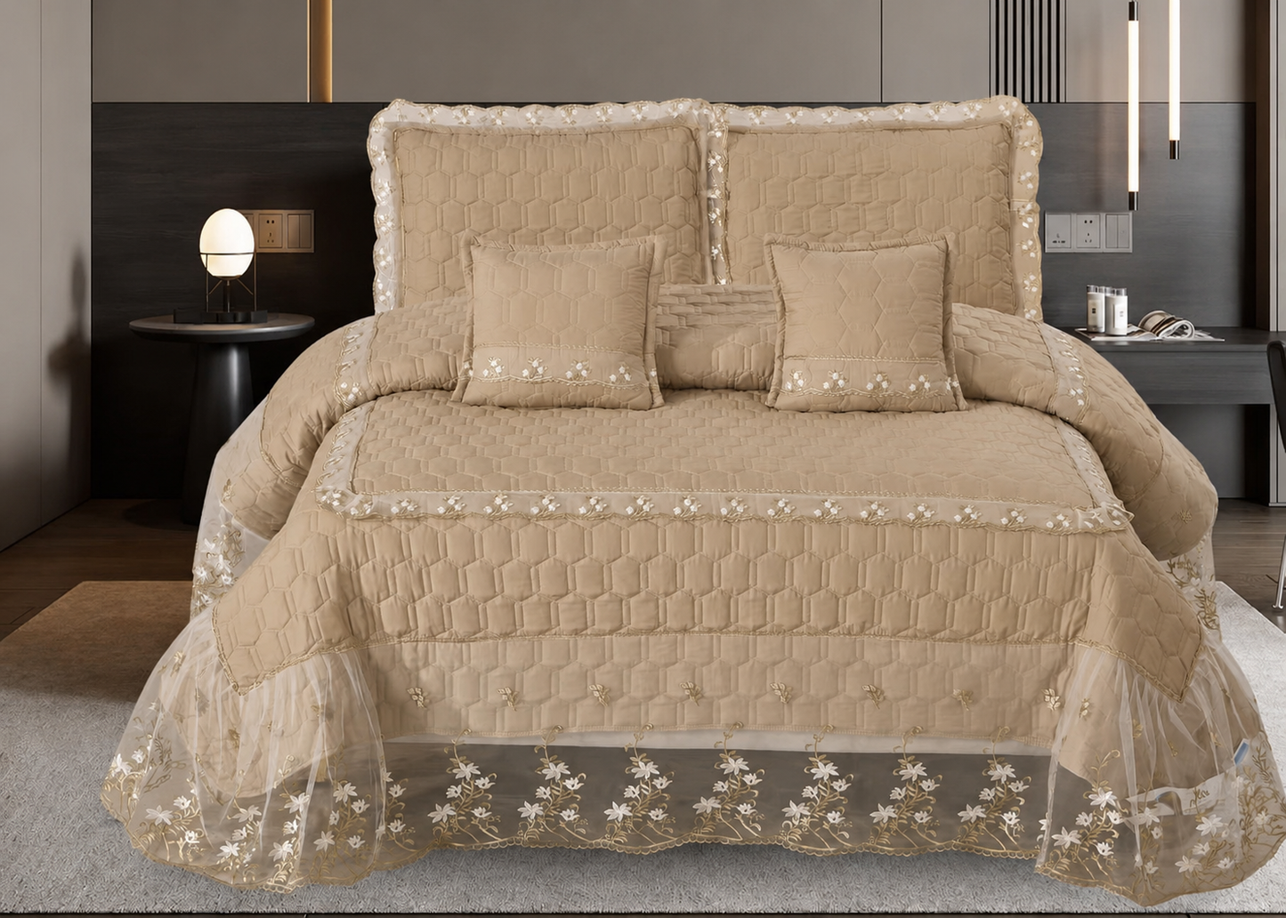 Embroidered Luxury Quilted Bedcover Set with Lace Frill | 5-Piece King Size