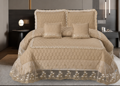 Embroidered Luxury Quilted Bedcover Set with Lace Frill | 5-Piece King Size