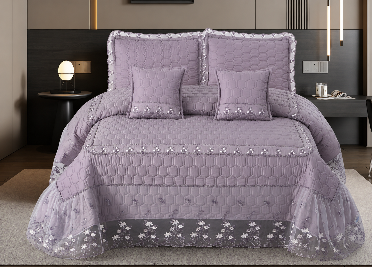 Embroidered Luxury Quilted Bedcover Set with Lace Frill | 5-Piece King Size