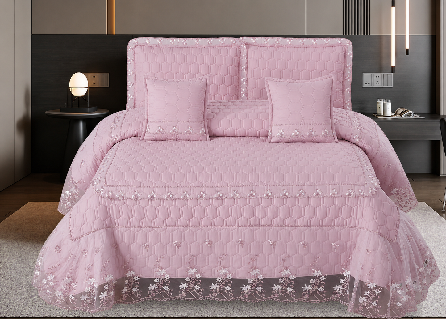 Embroidered Luxury Quilted Bedcover Set with Lace Frill | 5-Piece King Size