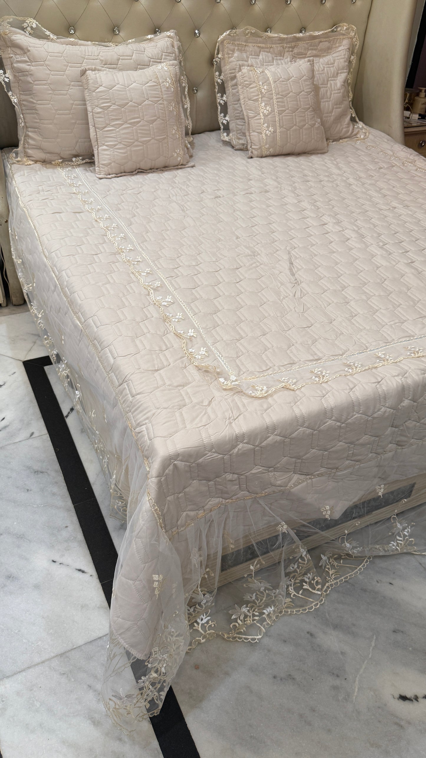 Embroidered Luxury Quilted Bedcover Set with Lace Frill | 5-Piece King Size