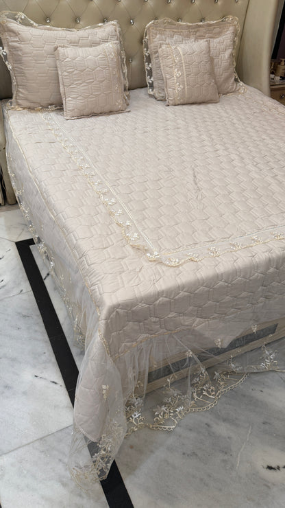 Embroidered Luxury Quilted Bedcover Set with Lace Frill | 5-Piece King Size