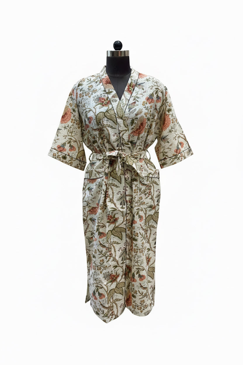 Hand Block Printed Waffle Cotton Bathrobe | Lightweight Kimono Robe with Belt