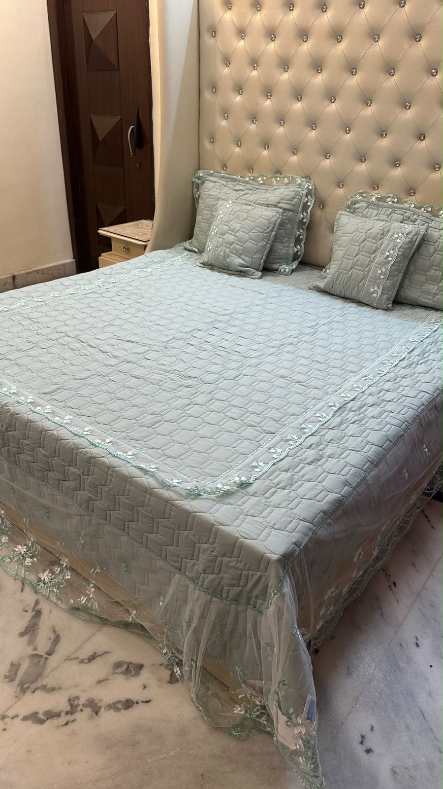 Premium King Size Quilted Lace Bedcover Set