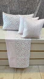Premium Floral & Stripe 100% Pure Cotton Super King Size Bedsheet Set with Quilted Pillow & Cushion Covers