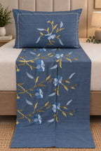 Denim Fabric Embroidered Bedsheet