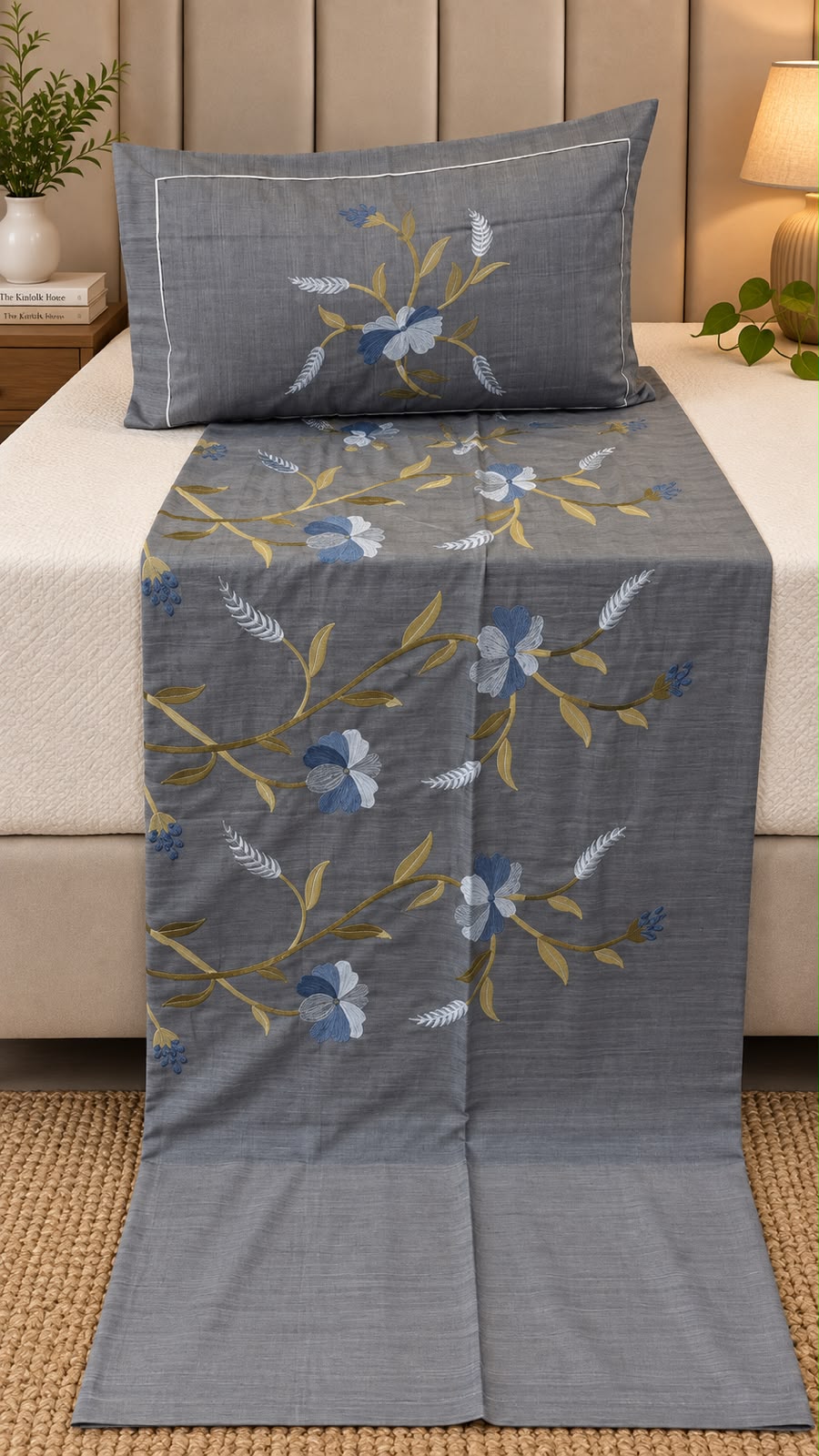 Denim Fabric Embroidered Bedsheet