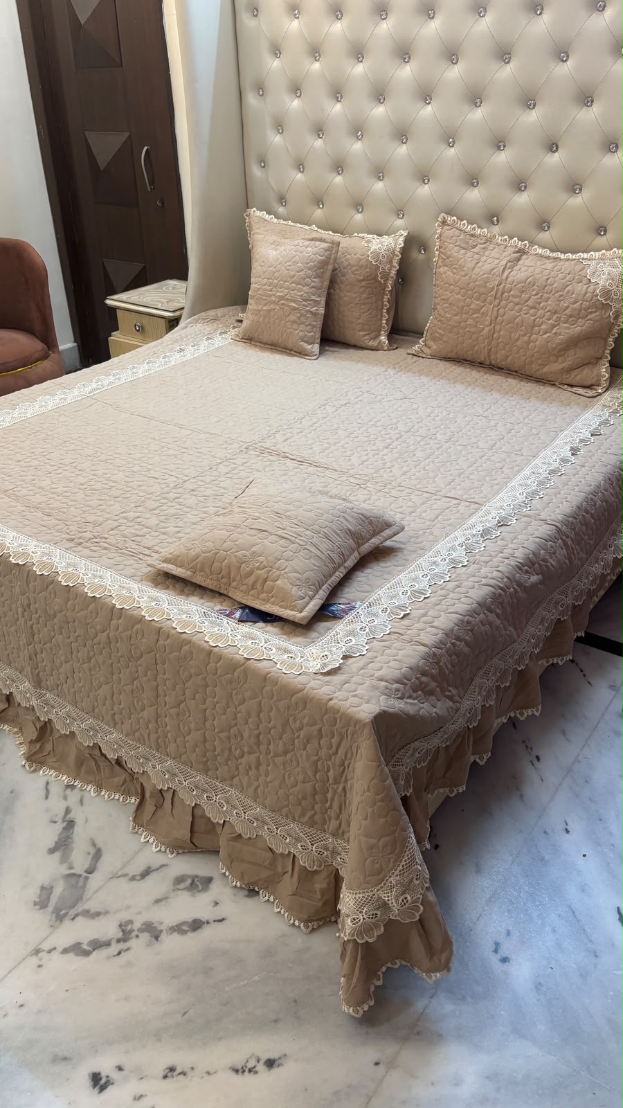 Premium King Size Quilted Lace Bedcover Set